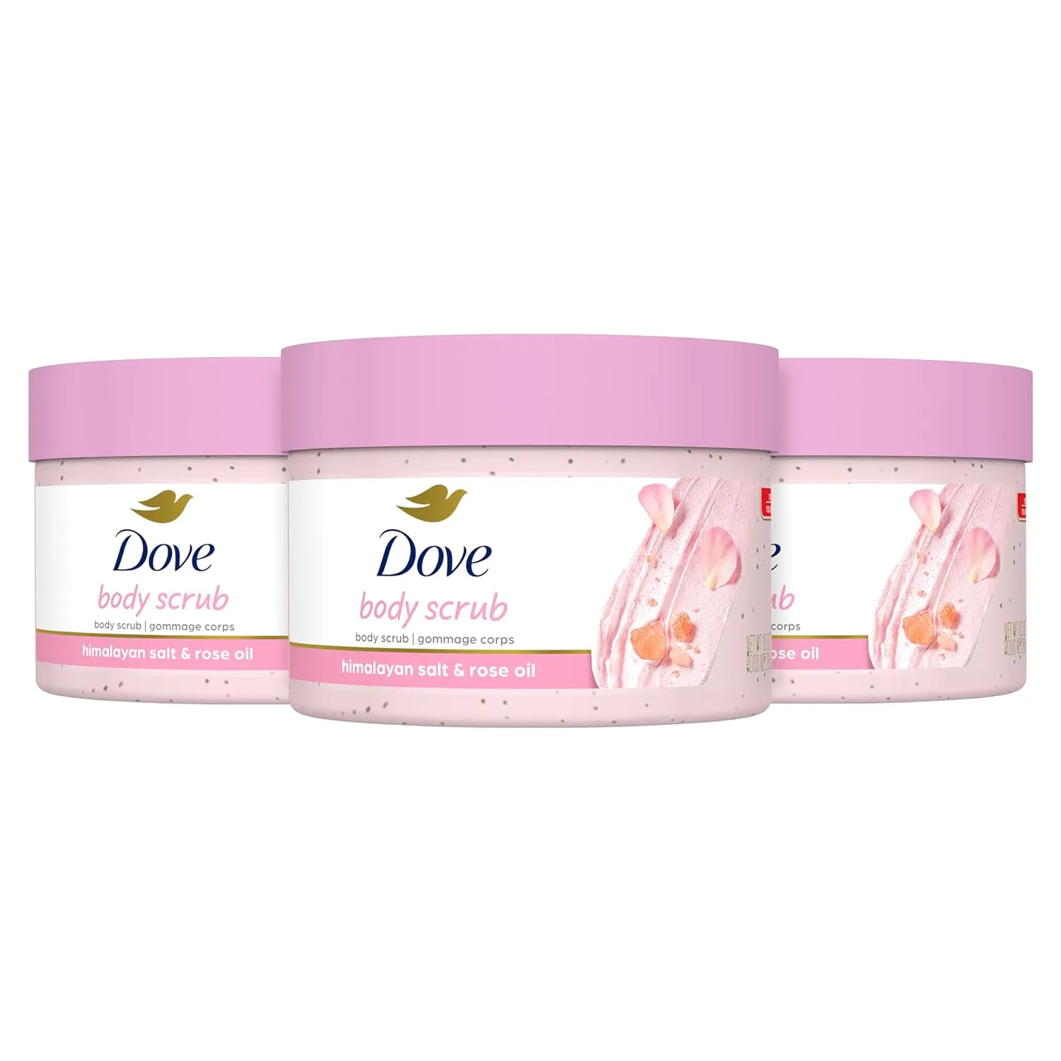 Dove Body Scrub Himalayan Salt & Rose Oil 3 Count for Visibly Silky-Smooth, Nourished Skin, with ¼ Moisturizing Cream, 10.5 oz
