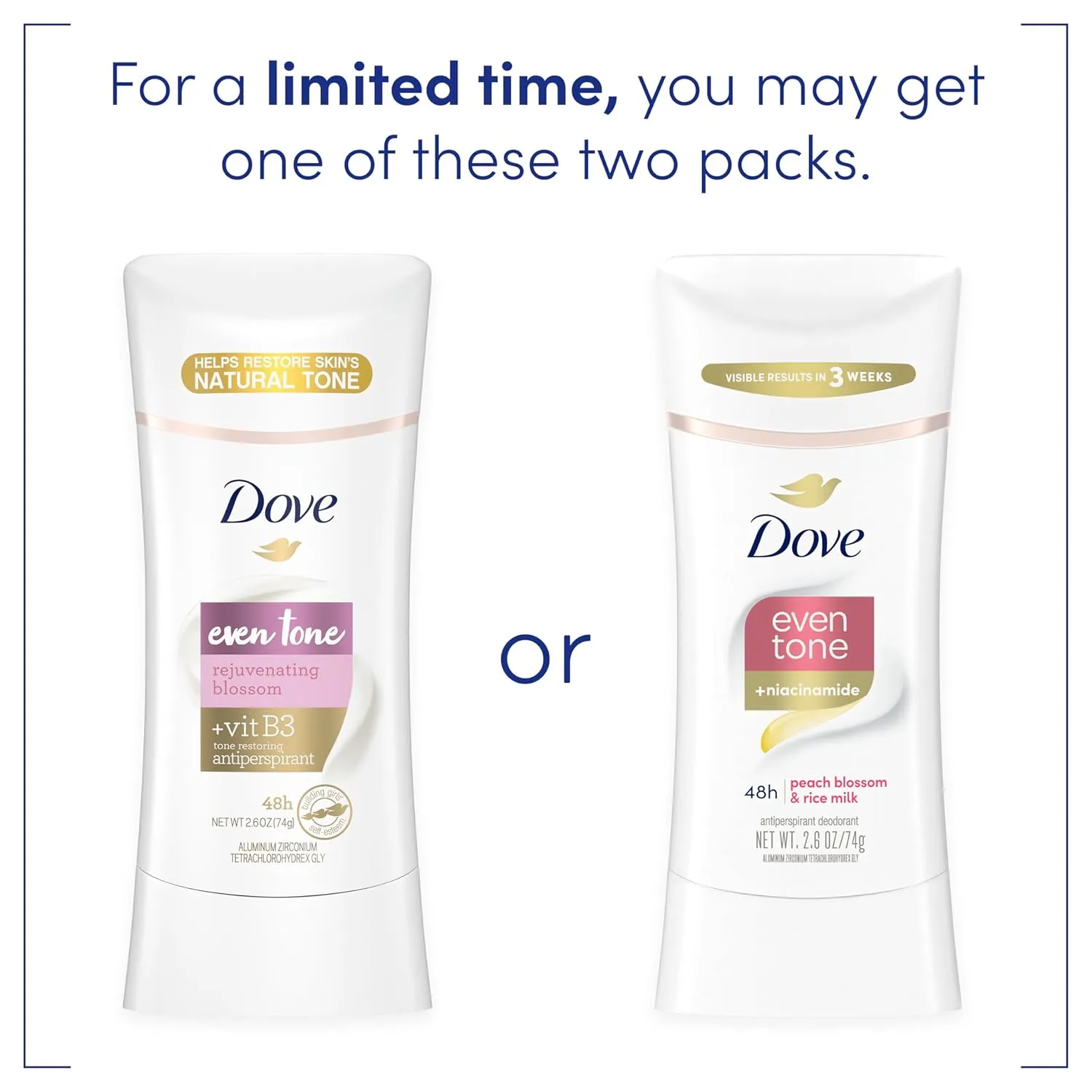 Dove Even Tone Antiperspirant Deodorant Stick Peach Blossom & Rice Milk 3 Count 2.6 oz