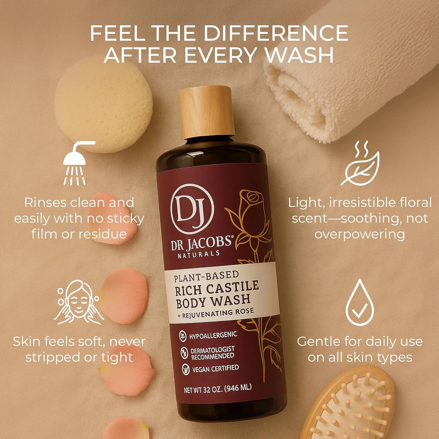 DR. JACOBS NATURALS Castile Rose All-Natural Body Wash for Moisturizing Dry and Sensitive Skin Shampoo with Plant-Based Ingredients Gluten, Preservatives-Free Formula - 32 oz, Pack of 1