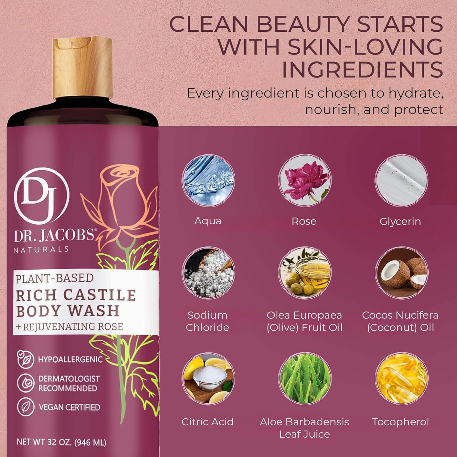 DR. JACOBS NATURALS Castile Rose All-Natural Body Wash for Moisturizing Dry and Sensitive Skin Shampoo with Plant-Based Ingredients Gluten, Preservatives-Free Formula - 32 oz, Pack of 1