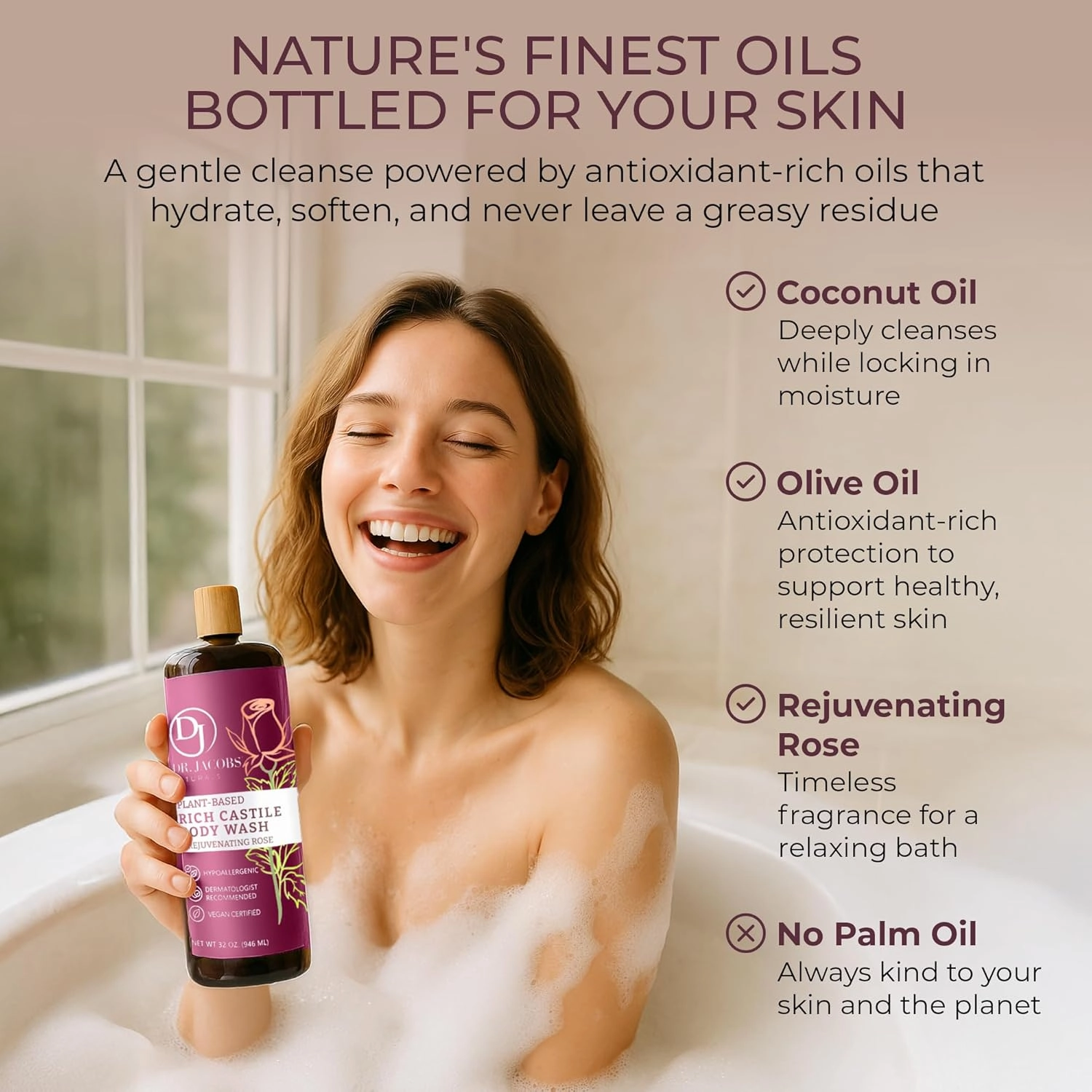 DR. JACOBS NATURALS Castile Rose All-Natural Body Wash for Moisturizing Dry and Sensitive Skin Shampoo with Plant-Based Ingredients Gluten, Preservatives-Free Formula - 32 oz, Pack of 1