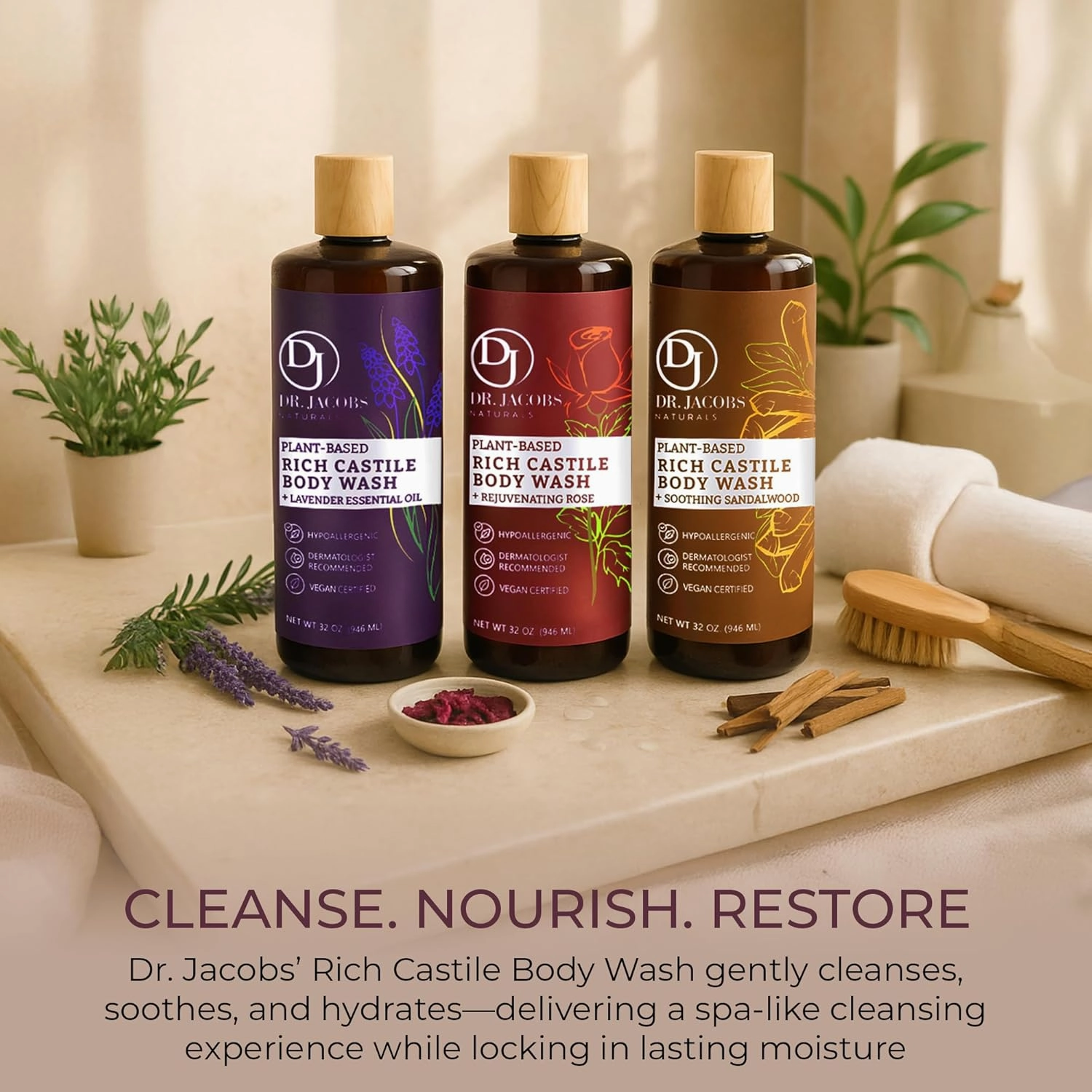 DR. JACOBS NATURALS Castile Rose All-Natural Body Wash for Moisturizing Dry and Sensitive Skin Shampoo with Plant-Based Ingredients Gluten, Preservatives-Free Formula - 32 oz, Pack of 1
