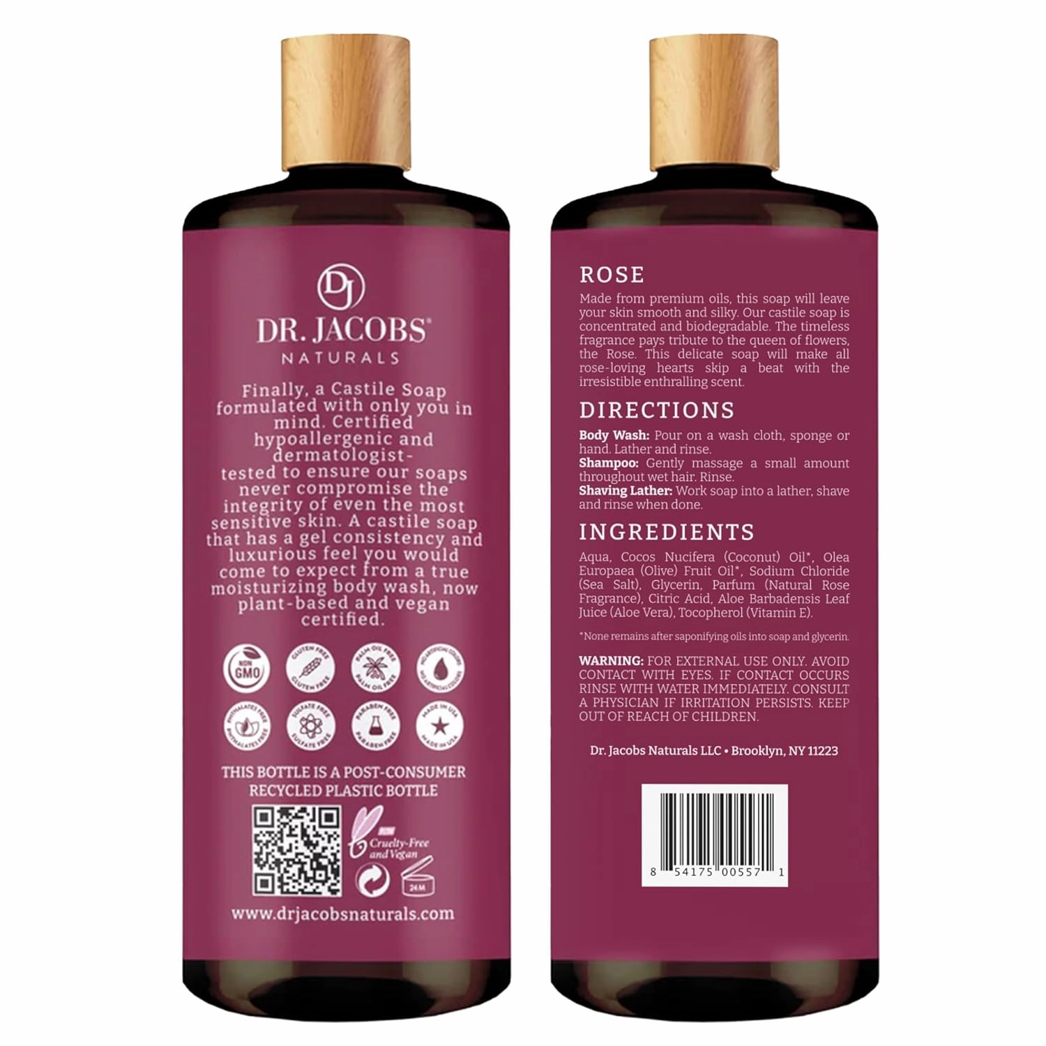 DR. JACOBS NATURALS Castile Rose All-Natural Body Wash for Moisturizing Dry and Sensitive Skin Shampoo with Plant-Based Ingredients Gluten, Preservatives-Free Formula - 32 oz, Pack of 1