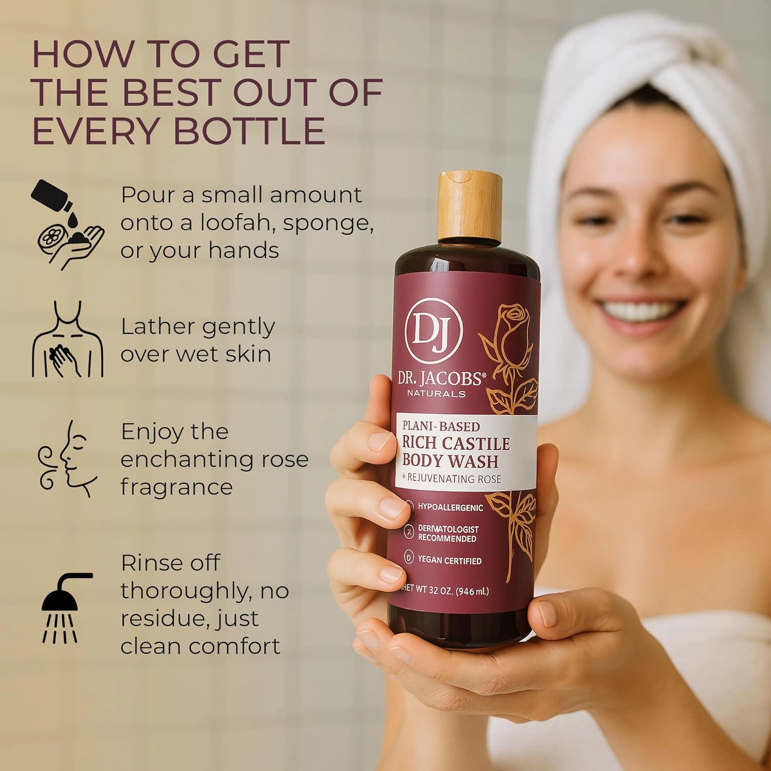 DR. JACOBS NATURALS Castile Rose All-Natural Body Wash for Moisturizing Dry and Sensitive Skin Shampoo with Plant-Based Ingredients Gluten, Preservatives-Free Formula - 32 oz, Pack of 1
