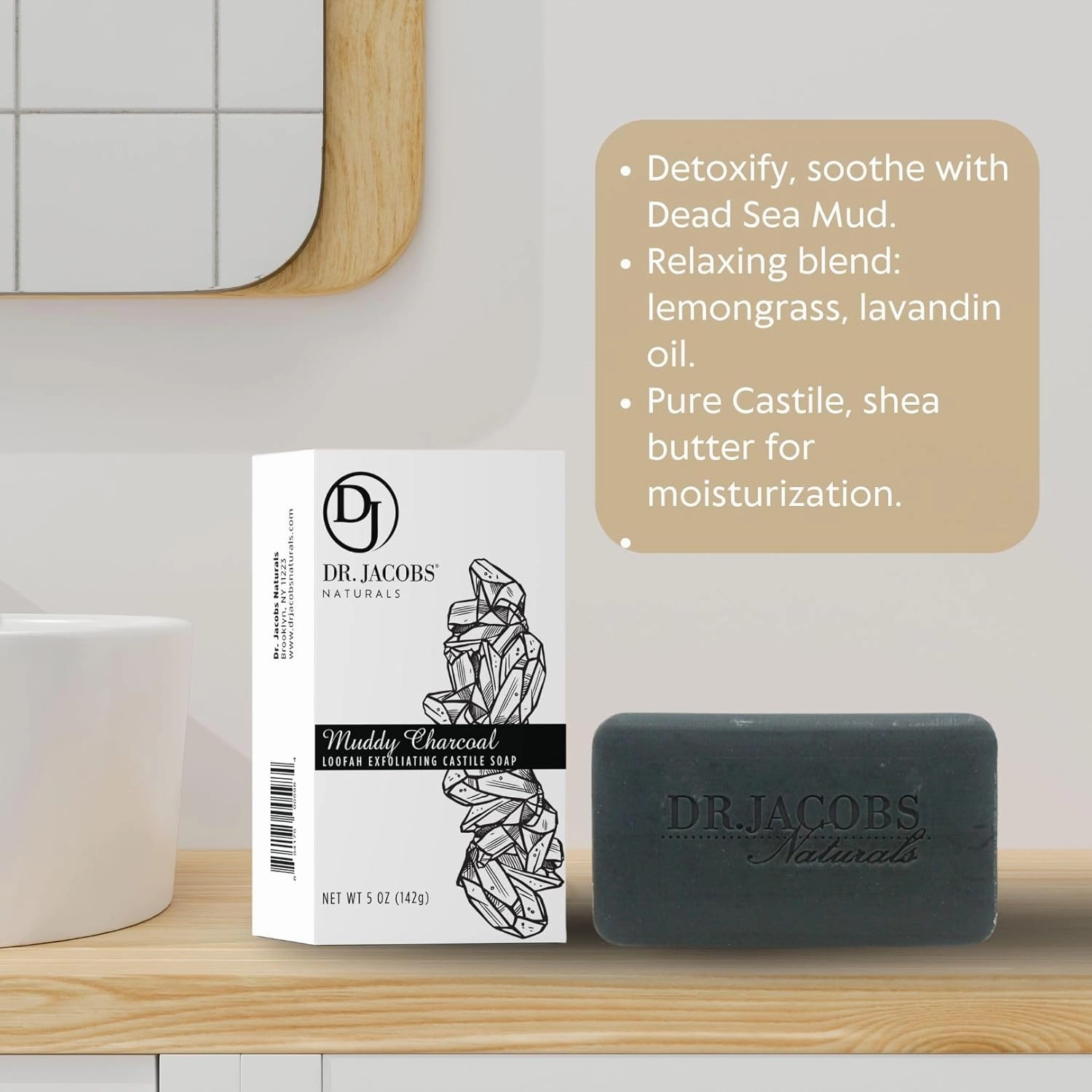 Dr Jacobs Naturals Pure Castile Bar Soap - Triple Milled Loofah Exfoliating Castile Bar Soap, 5 oz. - Free of Parabens, Sulfates, Synthetics, Gluten and GMO (Muddy Charcoal)
