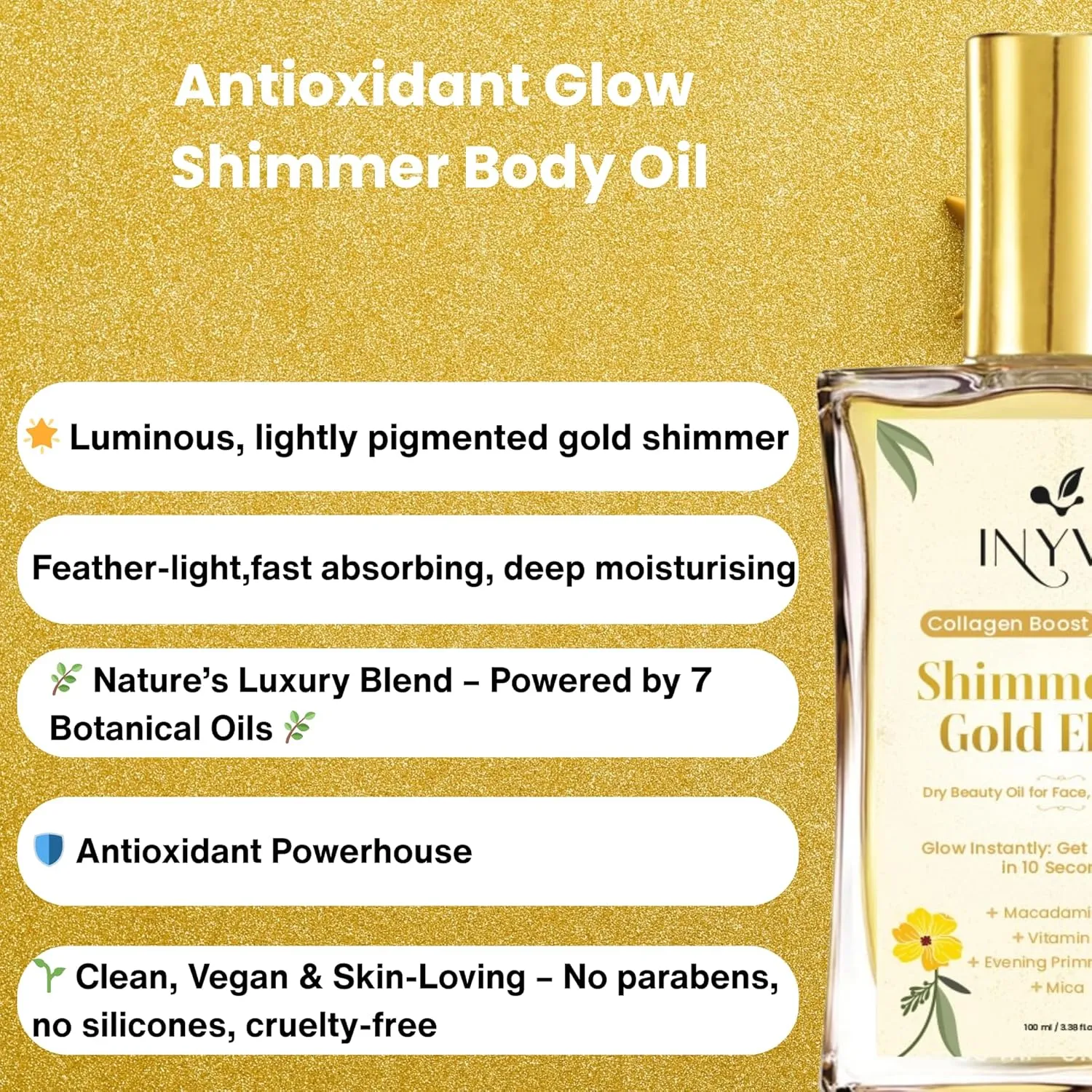 Dry Body Oil Collection | Nourishing & Lightweight Oils| Gold Shimmer & Elixir Radiance Variants | Non-Greasy, Quick-Absorbing Formula | Vegan & Cruelty-Free (Gold Shimmer, 3.38 Oz)