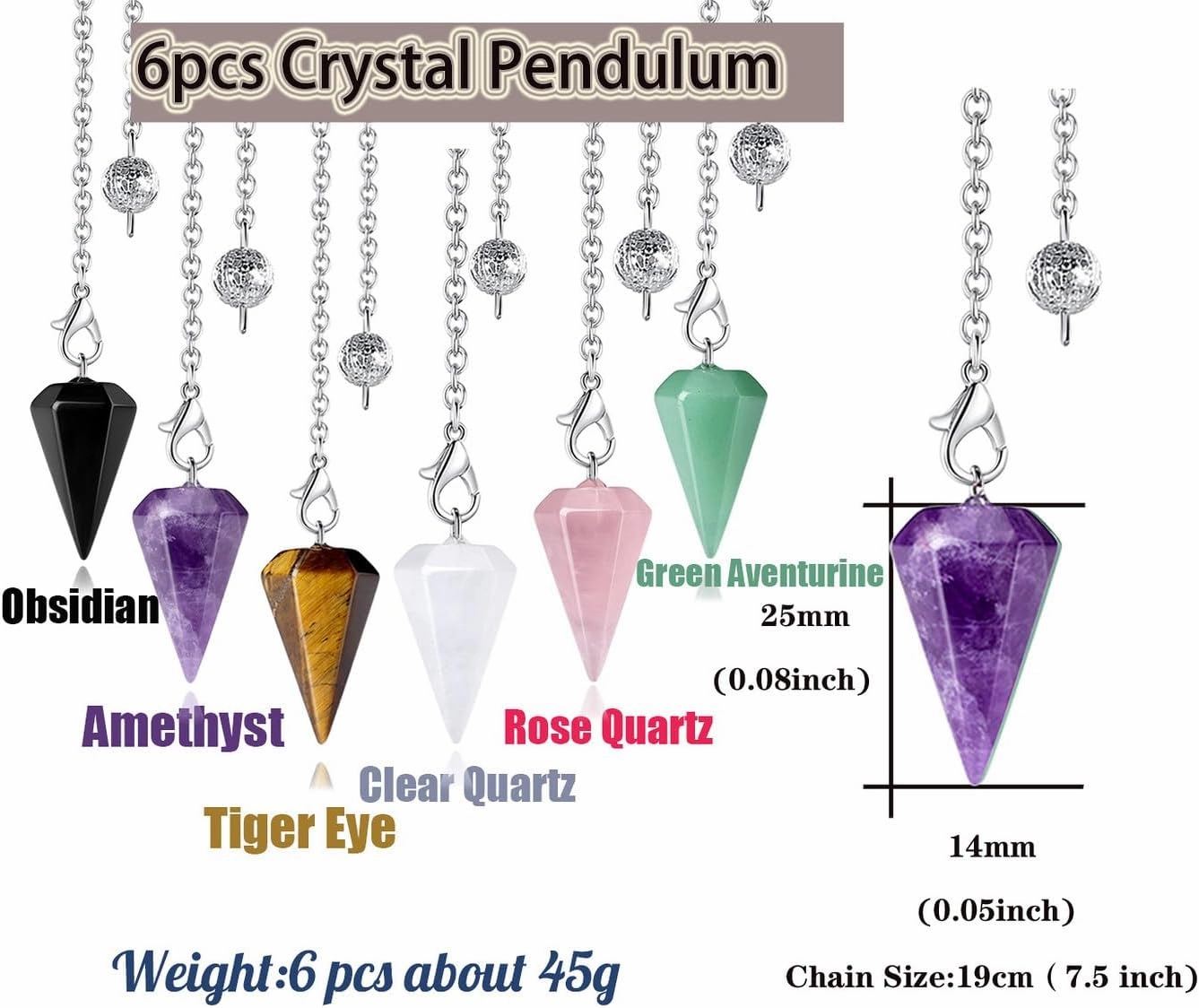 DUQGUHO 6 Pcs Crystal Pendulum Set Wiccan Accessories Divination Tools Natural Healing Crystal Quartz Colored for Spritual Pointed Crystal Grid Reiki Meditation Gemstone Pendants
