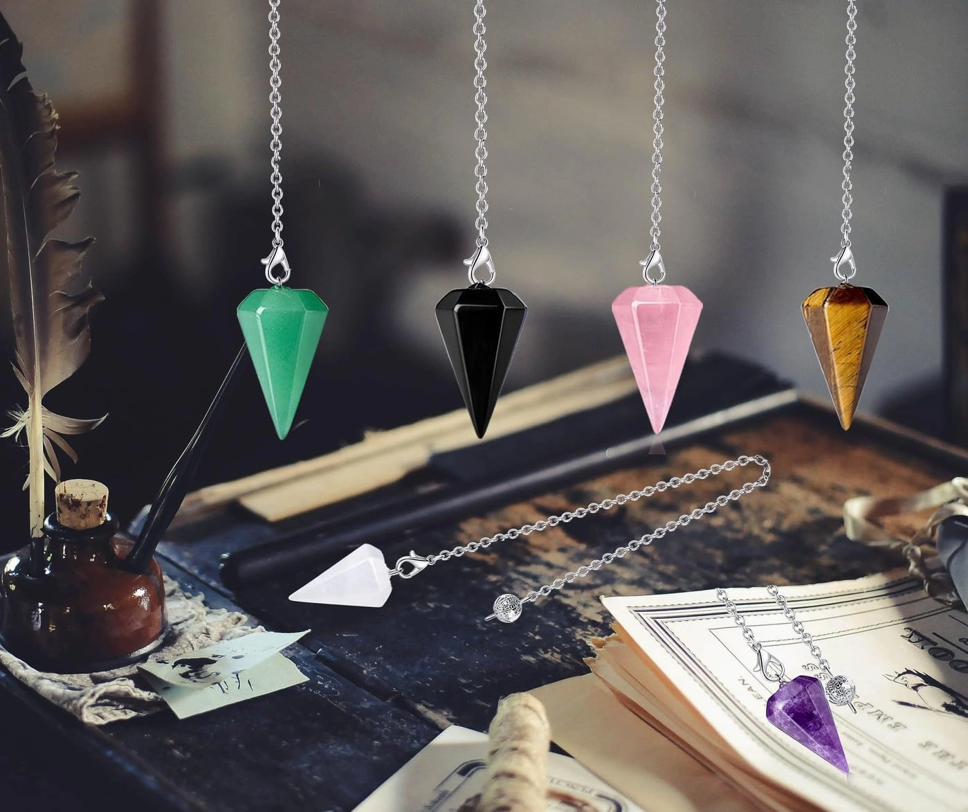 DUQGUHO 6 Pcs Crystal Pendulum Set Wiccan Accessories Divination Tools Natural Healing Crystal Quartz Colored for Spritual Pointed Crystal Grid Reiki Meditation Gemstone Pendants