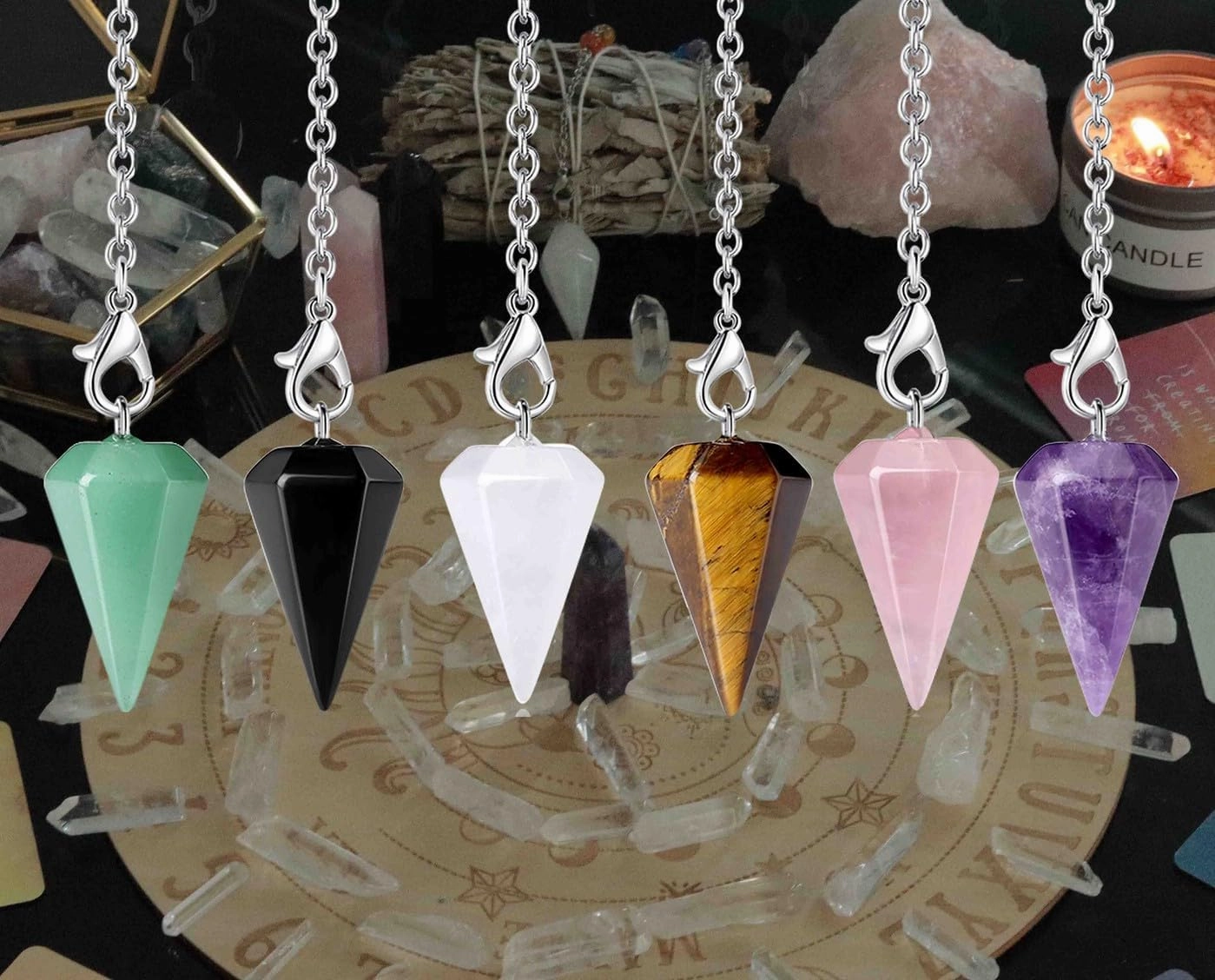 DUQGUHO 6 Pcs Crystal Pendulum Set Wiccan Accessories Divination Tools Natural Healing Crystal Quartz Colored for Spritual Pointed Crystal Grid Reiki Meditation Gemstone Pendants