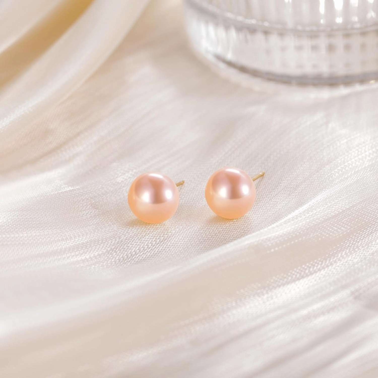 EAMTI Pearl Earrings for Women Trendy 18K Gold Plated Sterling Silver Freshwater Cultured Peach-Pink Oval Button Pearl Stud Earrings Hypoallergenic 5.5-9.5MM