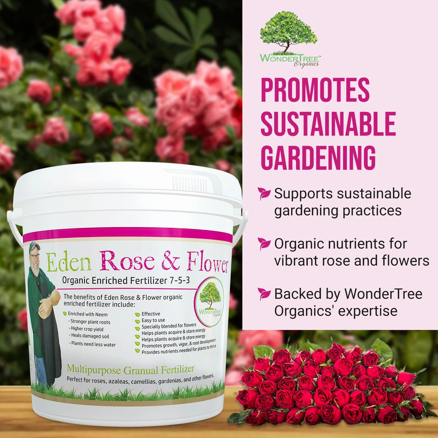 Eden Rose & Flower Organic Enriched Fertilizer | Neem Plant Food-7-5-3 Enriched Formula | for Best Flower Growth (5lbs)