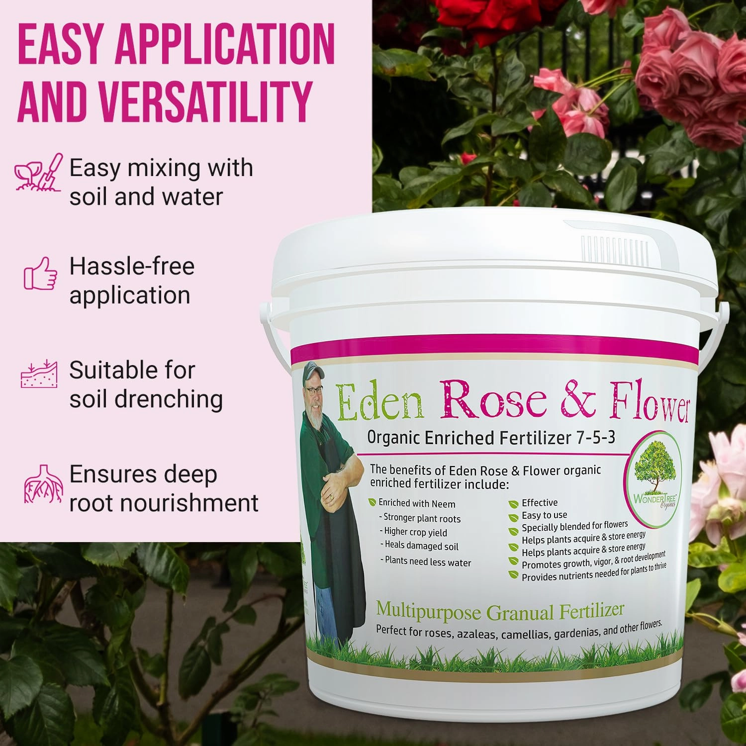 Eden Rose & Flower Organic Enriched Fertilizer | Neem Plant Food-7-5-3 Enriched Formula | for Best Flower Growth (5lbs)