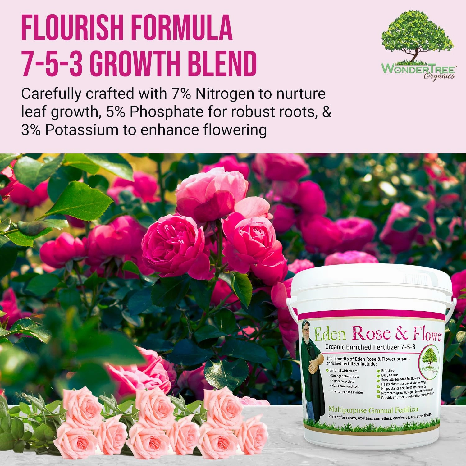 Eden Rose & Flower Organic Enriched Fertilizer | Neem Plant Food-7-5-3 Enriched Formula | for Best Flower Growth (5lbs)