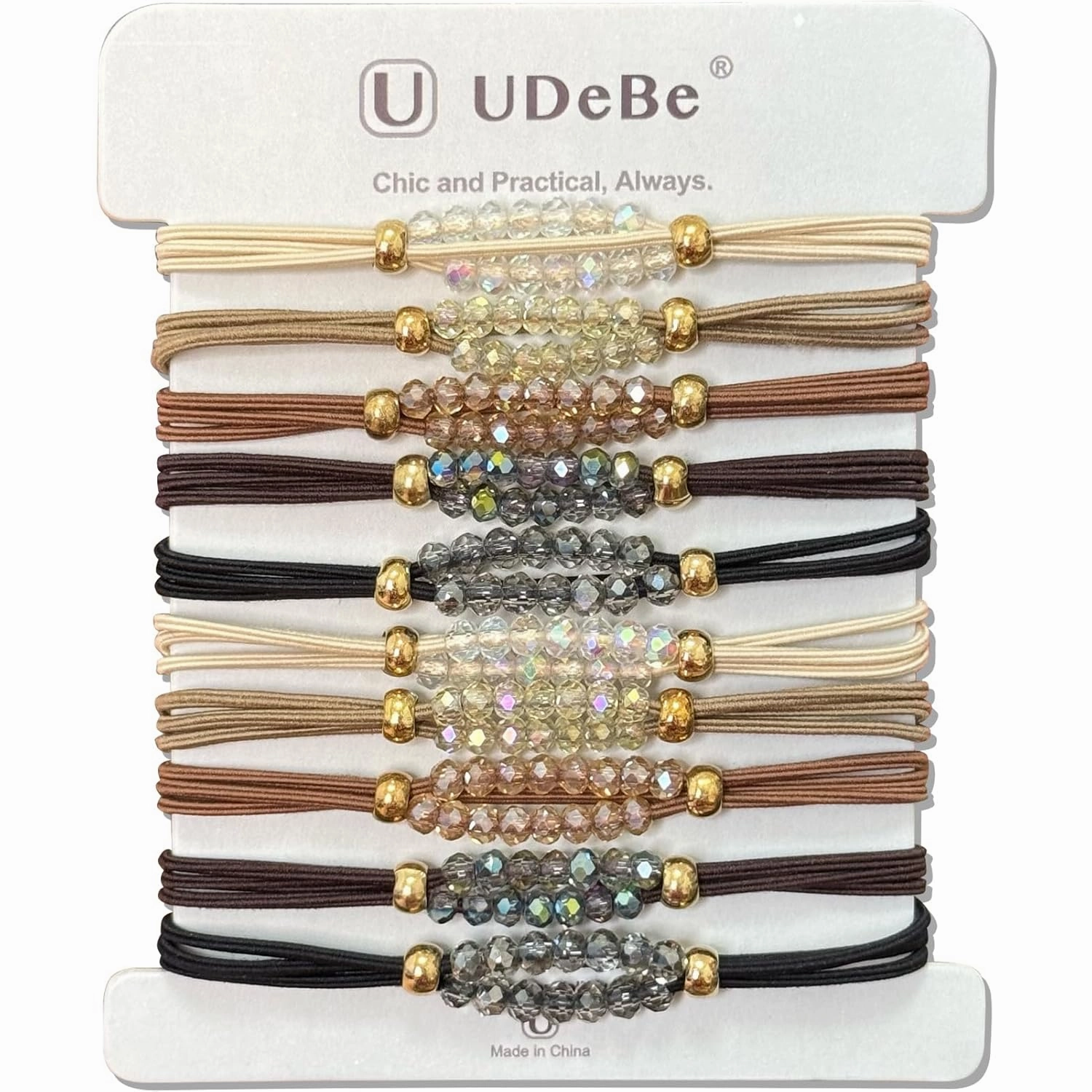 Elegant Elastic Hair Ties with Sparkling Crystal Beads – 10-Piece Boho Neutral Set, Durable Ponytail Holders for Women