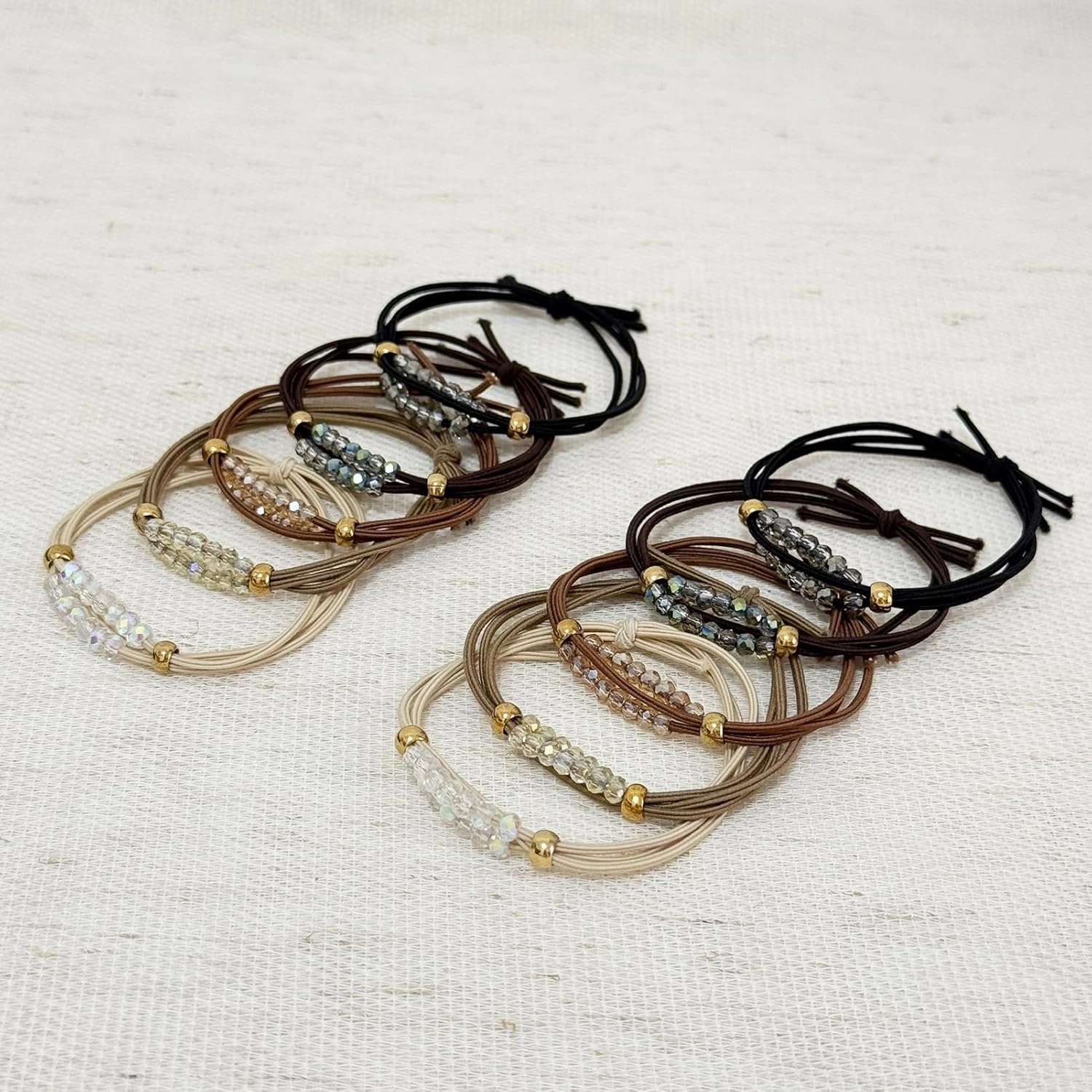 Elegant Elastic Hair Ties with Sparkling Crystal Beads – 10-Piece Boho Neutral Set, Durable Ponytail Holders for Women