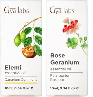 Elemi Essential Oil for Skin & Rose Geranium Oil for Skin Set - 100% Natural Aromatherapy Grade Essential Oils Set - 2x0.34 fl oz - Gya Labs
