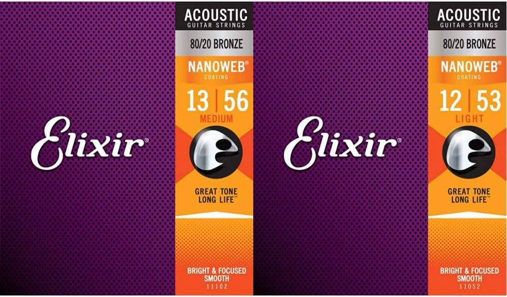 Elixir Acoustic Guitar Strings with NANOWEB Coating - Medium (.013-.056) and Light (.012-.053)