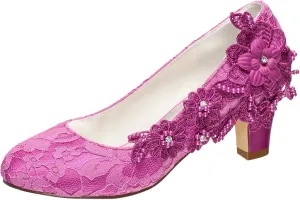Emily Bridal Wedding Shoes Women's Silk Like Satin Chunky Heel Pumps with Stitching Lace Flower Crystal Pearl