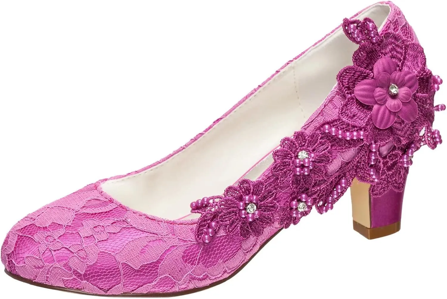 Emily Bridal Wedding Shoes Women's Silk Like Satin Chunky Heel Pumps with Stitching Lace Flower Crystal Pearl