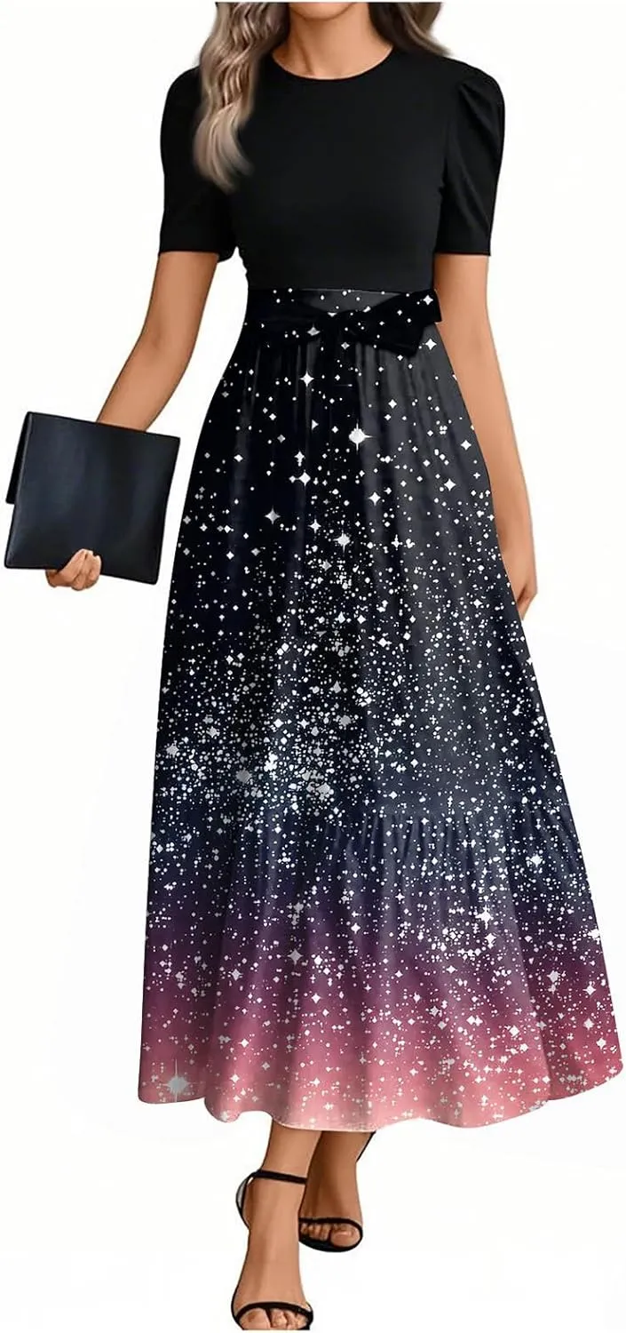 Empire Waist Dress for Women 2025 Summer Elegant Classy Short Sleeve A Line Work Dresses Wedding Guest Wrap Sundress