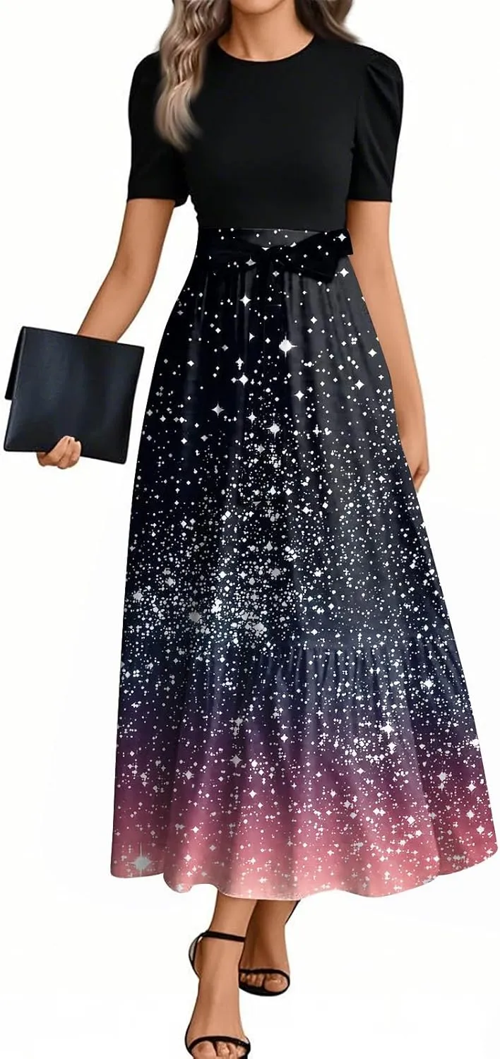 Empire Waist Dress for Women 2025 Summer Elegant Classy Short Sleeve A Line Work Dresses Wedding Guest Wrap Sundress