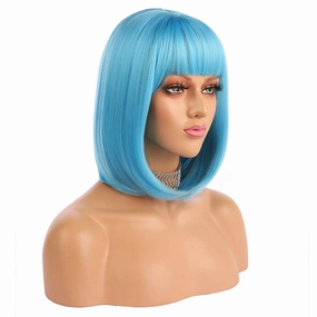 eNilecor Short Bob Hair Wigs 12" Straight with Flat Bangs Synthetic Colorful Cosplay Daily Party Wig for Women Natural As Real Hair  Free Wig Cap (Blue)