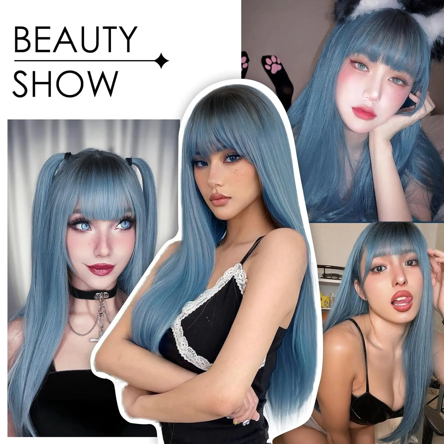 ENTRANCED STYLES Ombre Blue Wig with Bangs Long Straight Mixed Blue Wigs for Women Cosplay Wigs for Girls Natural Hairline Heat Resistant Synthetic Wig for Cosplay Halloween Party Daily