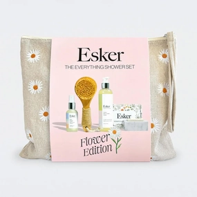 ESKER Everything Shower Gift Set Comes with our Dry Brush 2oz Firming Body Oil a Full Sized Clarifying Wash and our Aromatic Shower Steamer all Packaged in a Beautiful Floral Linen Pouch