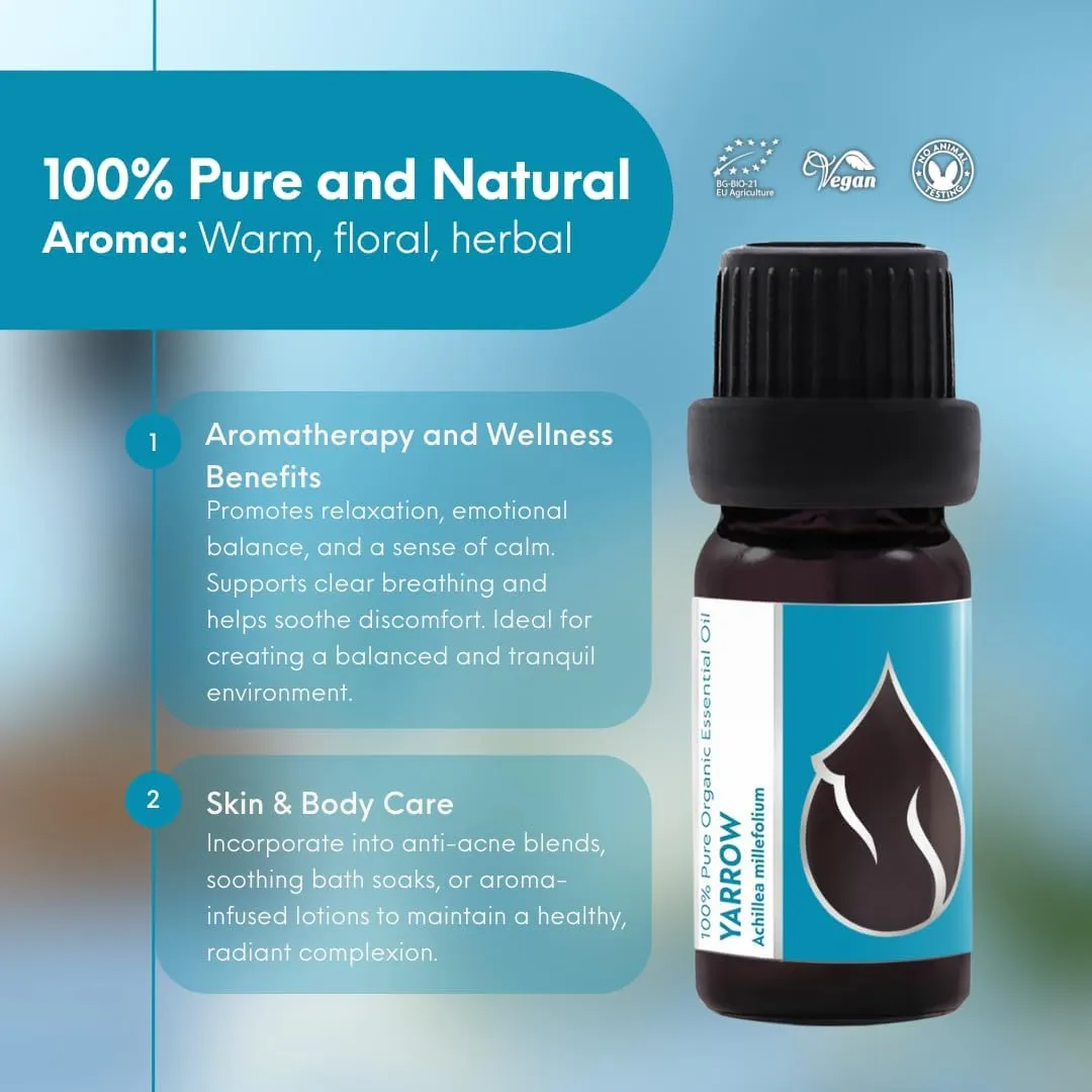 Essences Bulgaria Organic Yarrow Essential Oil 1/3 Fl Oz | 10ml | Achillea millefolium | 100% Pure and Natural | Undiluted | Therapeutic Grade | Family Owned Farm | Steam-Distilled | Non-GMO | Vegan