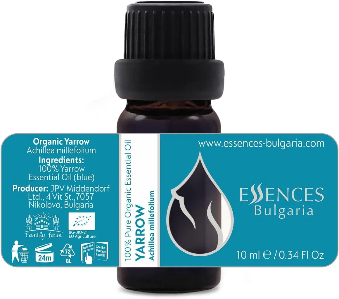Essences Bulgaria Organic Yarrow Essential Oil 1/3 Fl Oz | 10ml | Achillea millefolium | 100% Pure and Natural | Undiluted | Therapeutic Grade | Family Owned Farm | Steam-Distilled | Non-GMO | Vegan