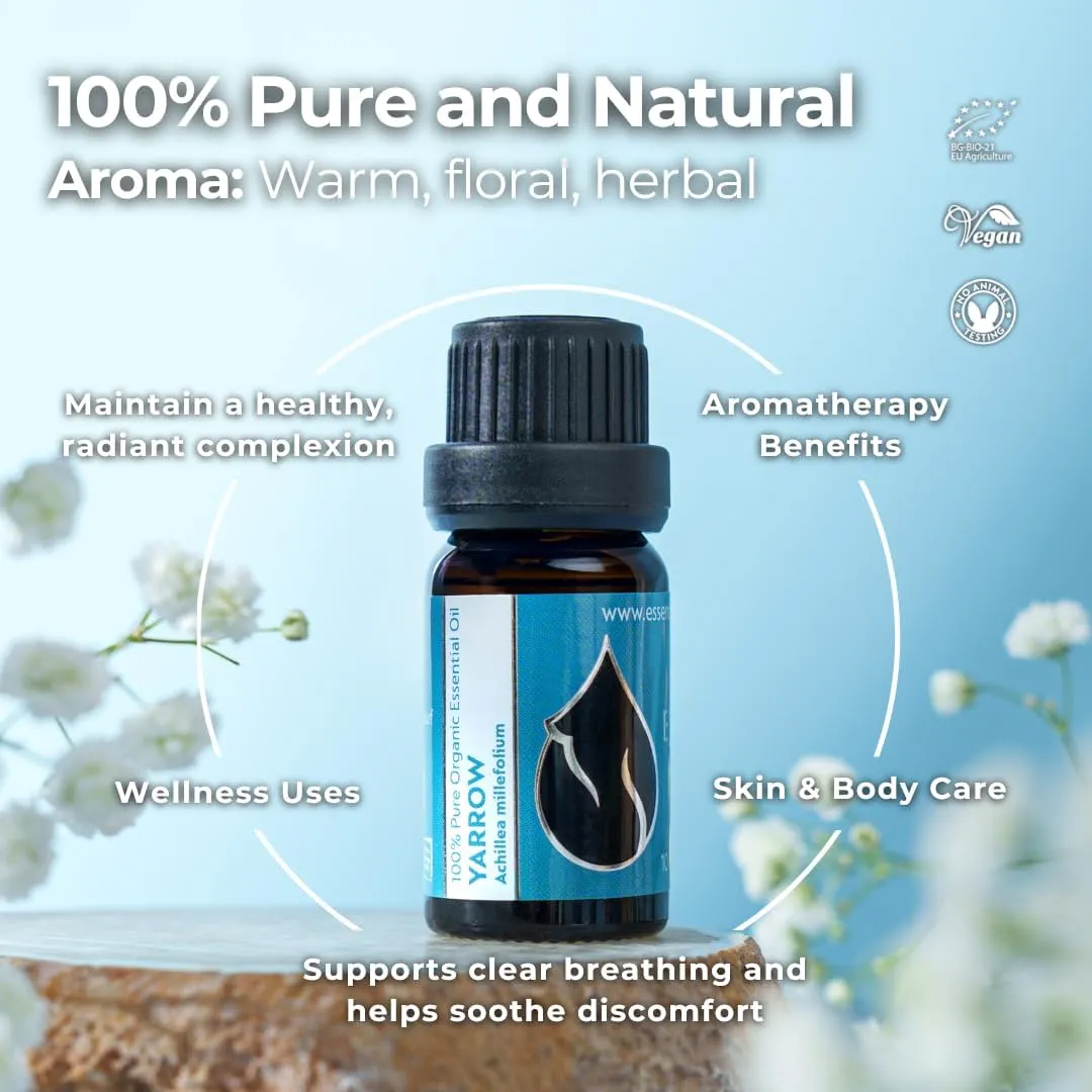 Essences Bulgaria Organic Yarrow Essential Oil 1/3 Fl Oz | 10ml | Achillea millefolium | 100% Pure and Natural | Undiluted | Therapeutic Grade | Family Owned Farm | Steam-Distilled | Non-GMO | Vegan