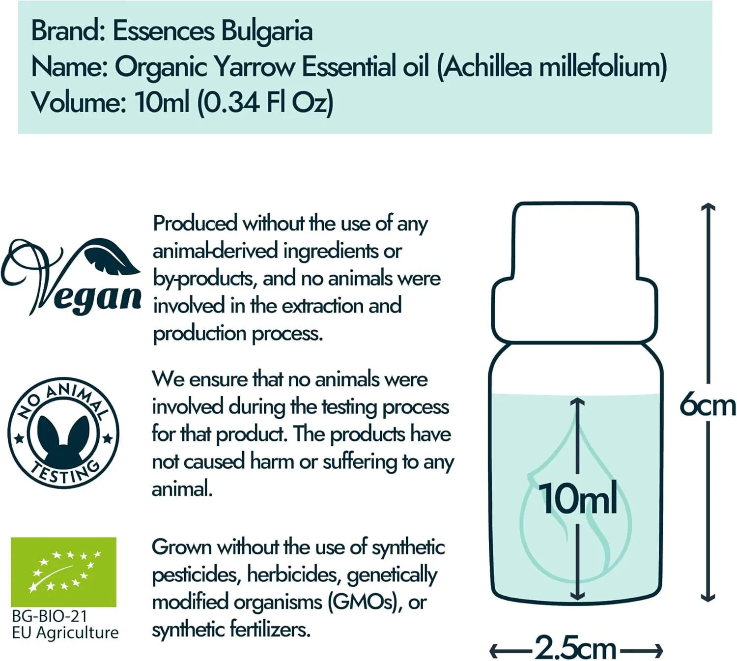 Essences Bulgaria Organic Yarrow Essential Oil 1/3 Fl Oz | 10ml | Achillea millefolium | 100% Pure and Natural | Undiluted | Therapeutic Grade | Family Owned Farm | Steam-Distilled | Non-GMO | Vegan