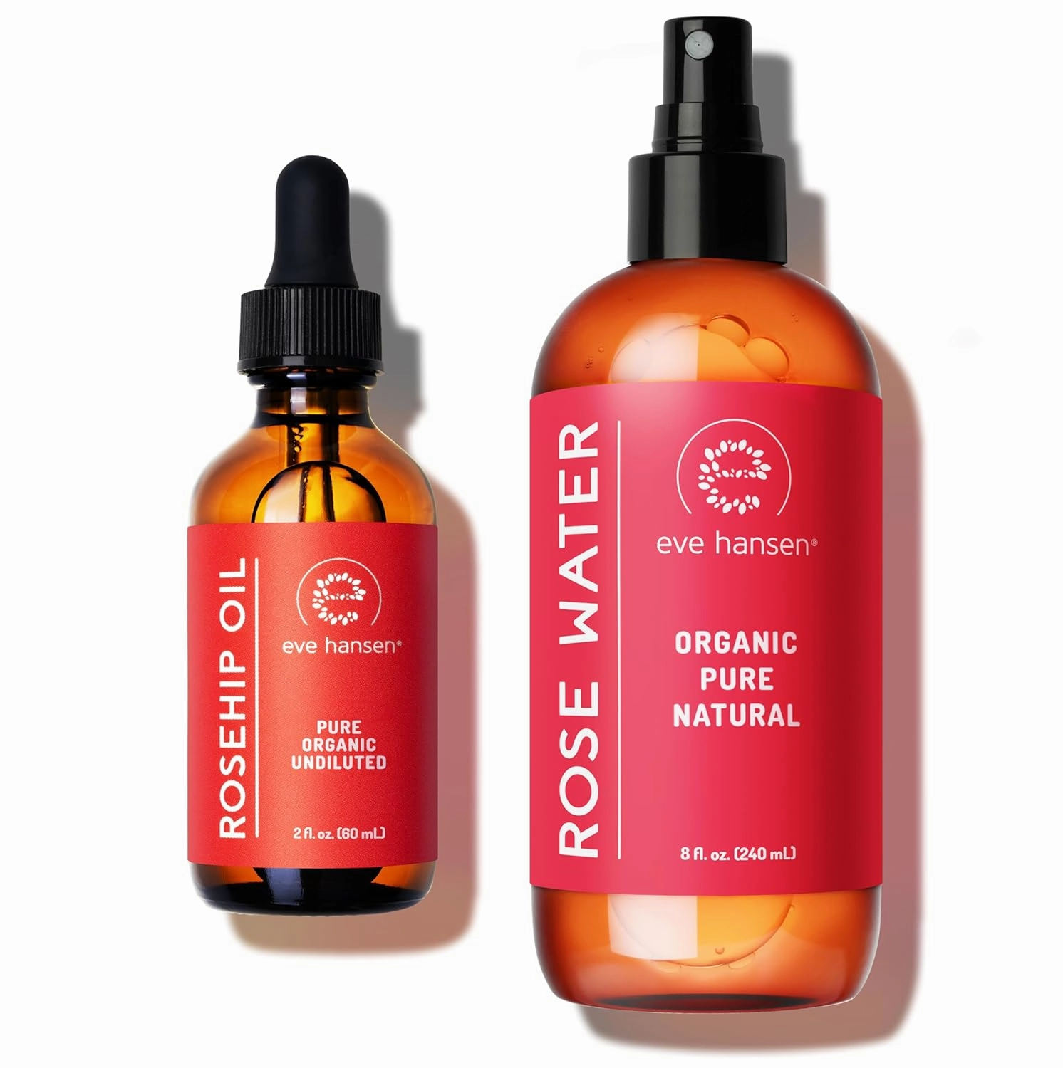 Eve Hansen Bundle - 100% Pure Organic Rose Water Spray for Face 8 oz & Organic Rosehip Oil 2 oz - Radiant Skin Duo for Hydration and Nourishment