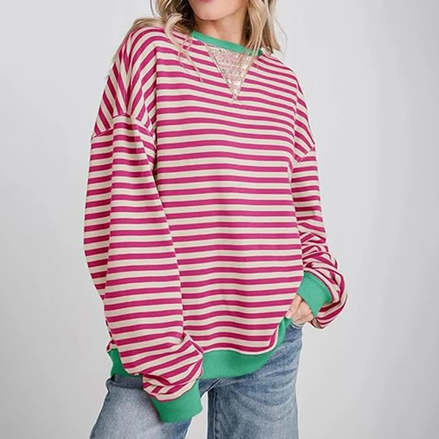 Fashion Tops for Women Trendy 2024 Spring Long Sleeve Shirts Causal Striped Crewneck Sweatshirt Trendy Preppy Clothes