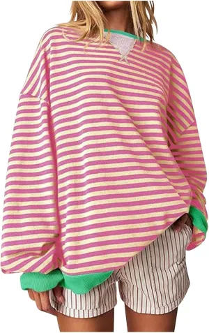 Fashion Tops for Women Trendy 2024 Spring Long Sleeve Shirts Causal Striped Crewneck Sweatshirt Trendy Preppy Clothes