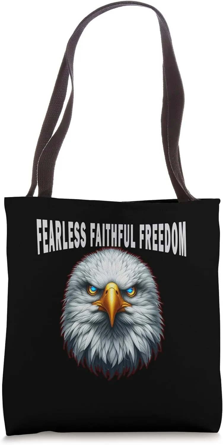 Fearless Faithful Freedom Tee, Patriotic Bald Eagle Tote Bag