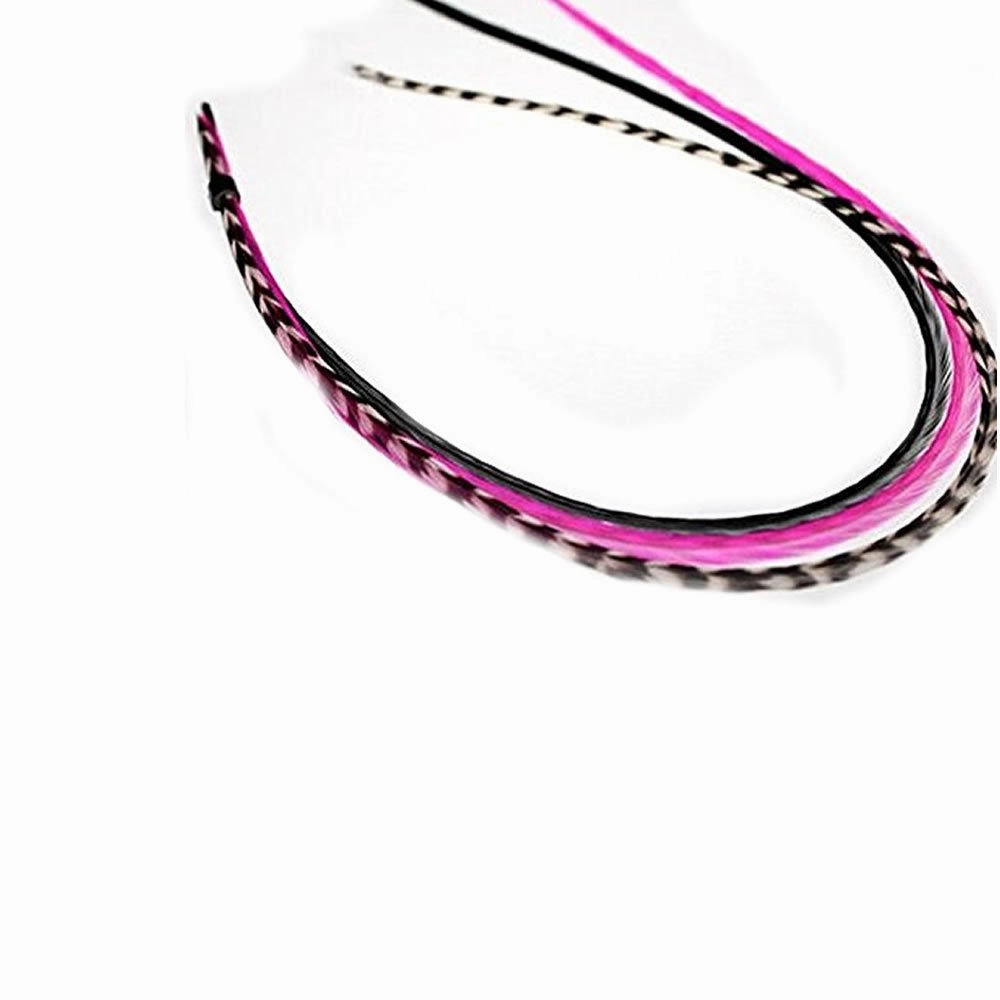 Feather Hair Extension – Hot Pink, Black, and Grizzly Feathers, All Bonded Together at the Tip, Ranging From 6 to 11 Inches in Length, With a Total of 5 Feathers