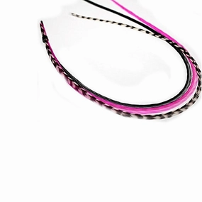 Feather Hair Extension – Hot Pink, Black, and Grizzly Feathers, All Bonded Together at the Tip, Ranging From 6 to 11 Inches in Length, With a Total of 5 Feathers