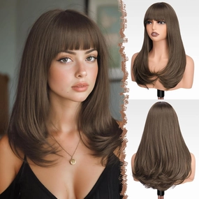 FESHFEN Long Wigs with Bangs, Synthetic Natural Looking Layered Straight Hair Wig for Women Daily Party Use 18 inch, Chestnut Brown