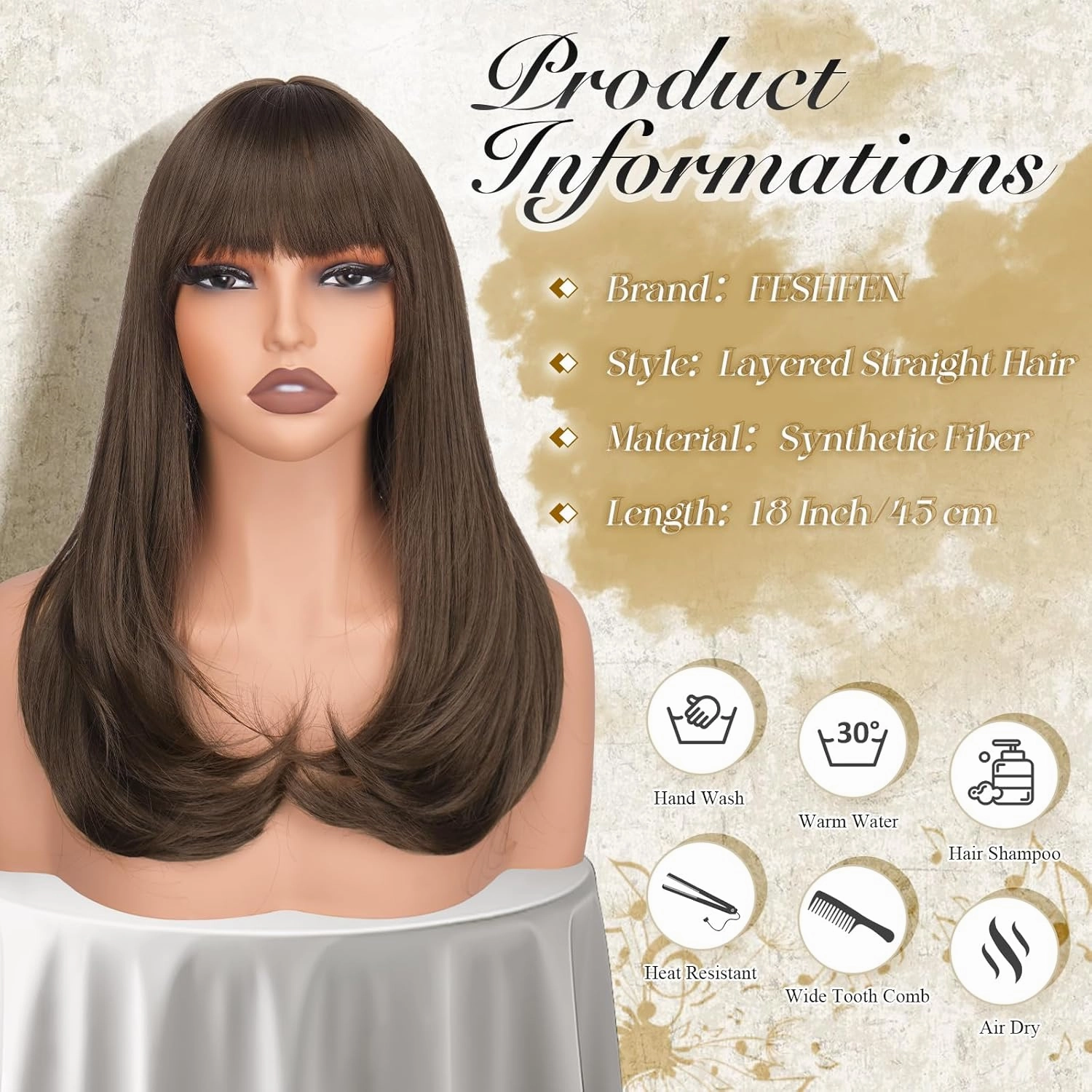 FESHFEN Long Wigs with Bangs, Synthetic Natural Looking Layered Straight Hair Wig for Women Daily Party Use 18 inch, Chestnut Brown