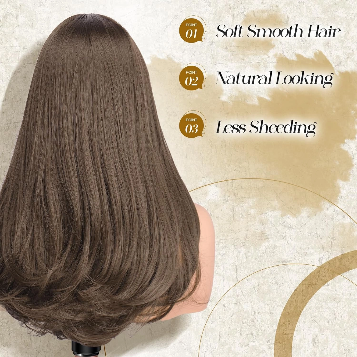 FESHFEN Long Wigs with Bangs, Synthetic Natural Looking Layered Straight Hair Wig for Women Daily Party Use 18 inch, Chestnut Brown