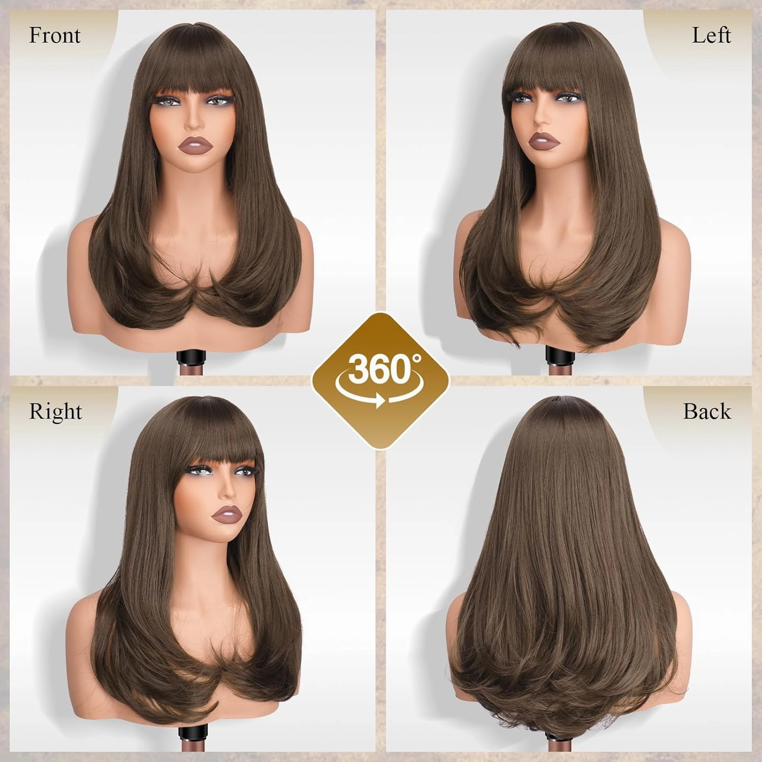 FESHFEN Long Wigs with Bangs, Synthetic Natural Looking Layered Straight Hair Wig for Women Daily Party Use 18 inch, Chestnut Brown