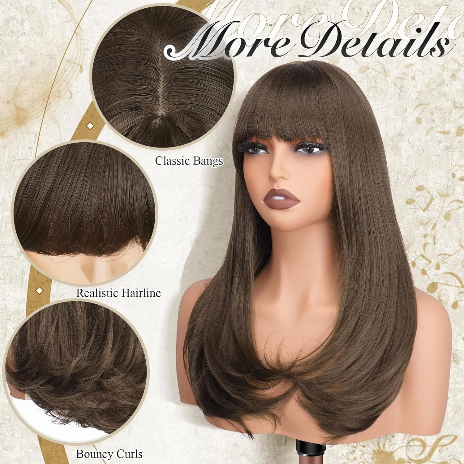 FESHFEN Long Wigs with Bangs, Synthetic Natural Looking Layered Straight Hair Wig for Women Daily Party Use 18 inch, Chestnut Brown