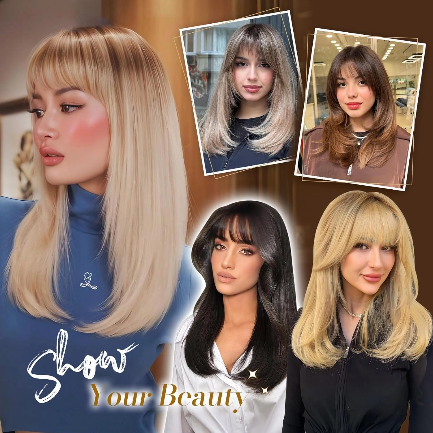 FESHFEN Long Wigs with Bangs, Synthetic Natural Looking Layered Straight Hair Wig for Women Daily Party Use 18 inch, Chestnut Brown