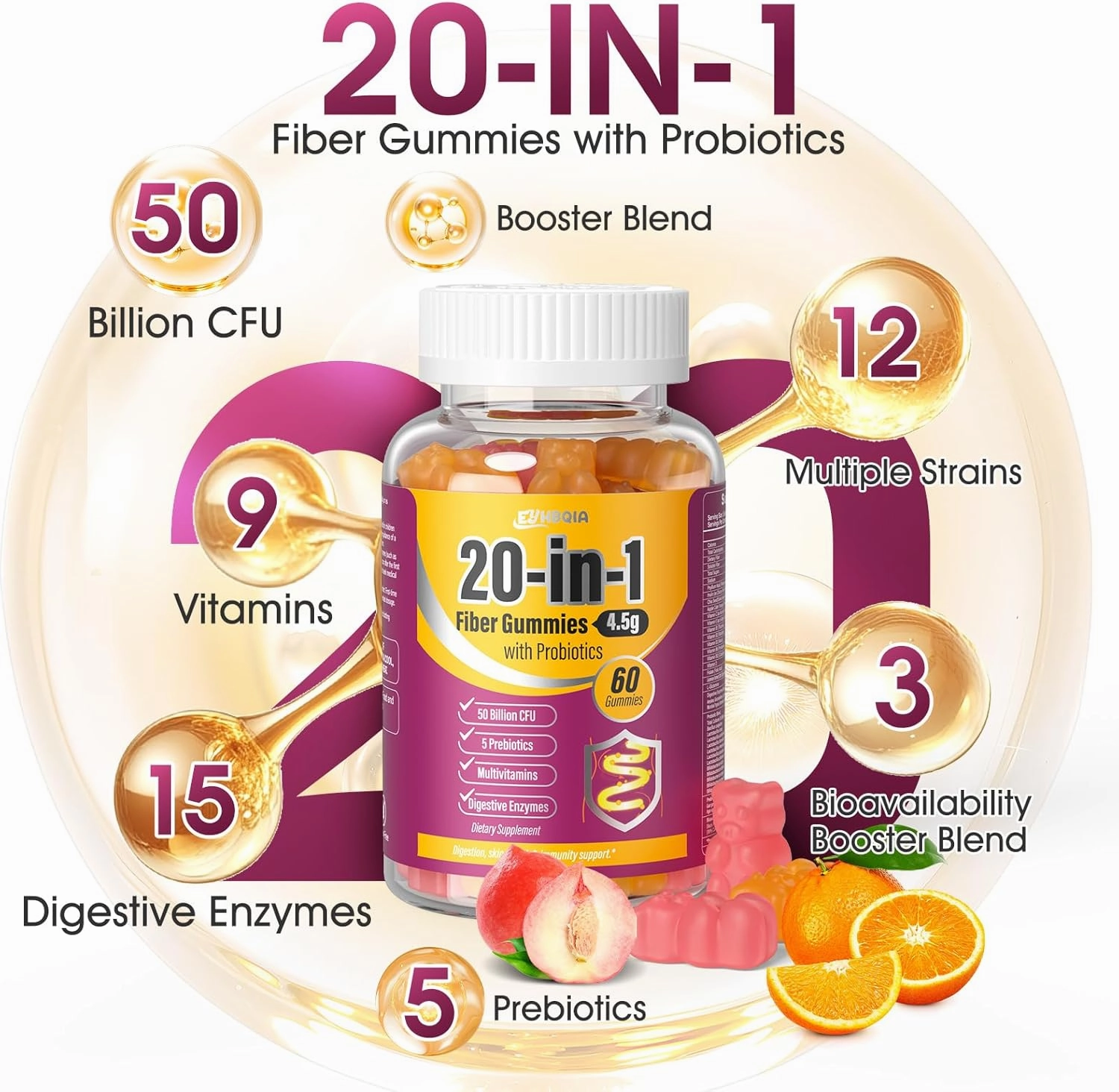 Fiber Supplement 20-in-1, Fiber Gummies for Adults, 50 Billion CFU Probiotic & Prebiotic Supplement with Inulin, Psyllium, Support for Gut & Digestive Health, 60-Count, Peach & Orange