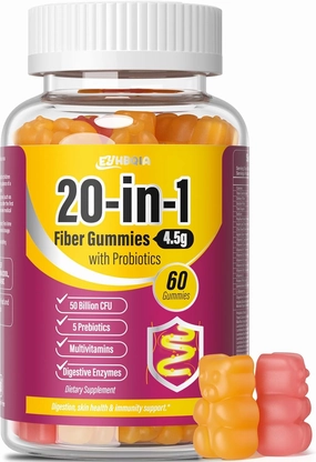 Fiber Supplement 20-in-1, Fiber Gummies for Adults, 50 Billion CFU Probiotic & Prebiotic Supplement with Inulin, Psyllium, Support for Gut & Digestive Health, 60-Count, Peach & Orange