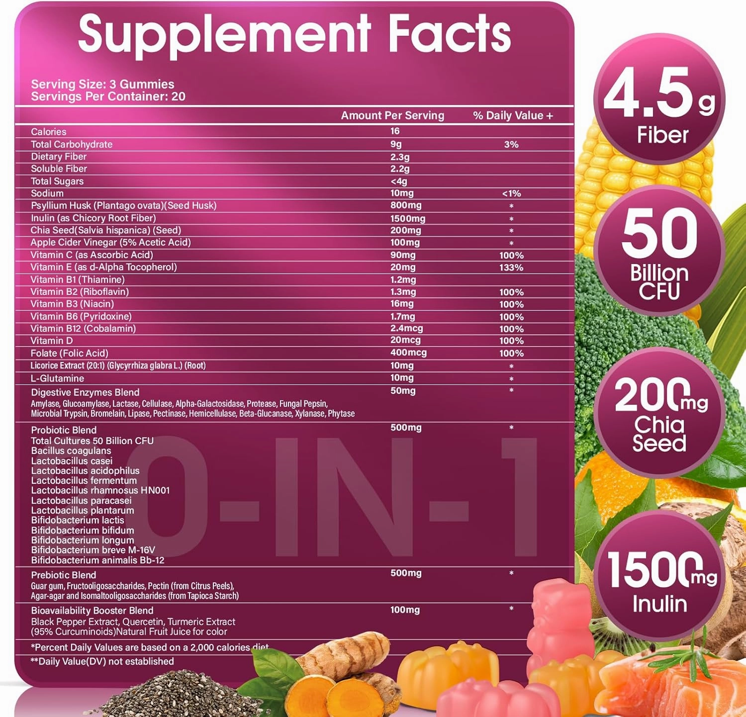 Fiber Supplement 20-in-1, Fiber Gummies for Adults, 50 Billion CFU Probiotic & Prebiotic Supplement with Inulin, Psyllium, Support for Gut & Digestive Health, 60-Count, Peach & Orange