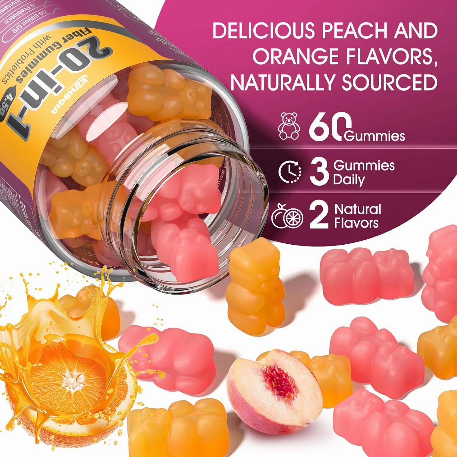 Fiber Supplement 20-in-1, Fiber Gummies for Adults, 50 Billion CFU Probiotic & Prebiotic Supplement with Inulin, Psyllium, Support for Gut & Digestive Health, 60-Count, Peach & Orange