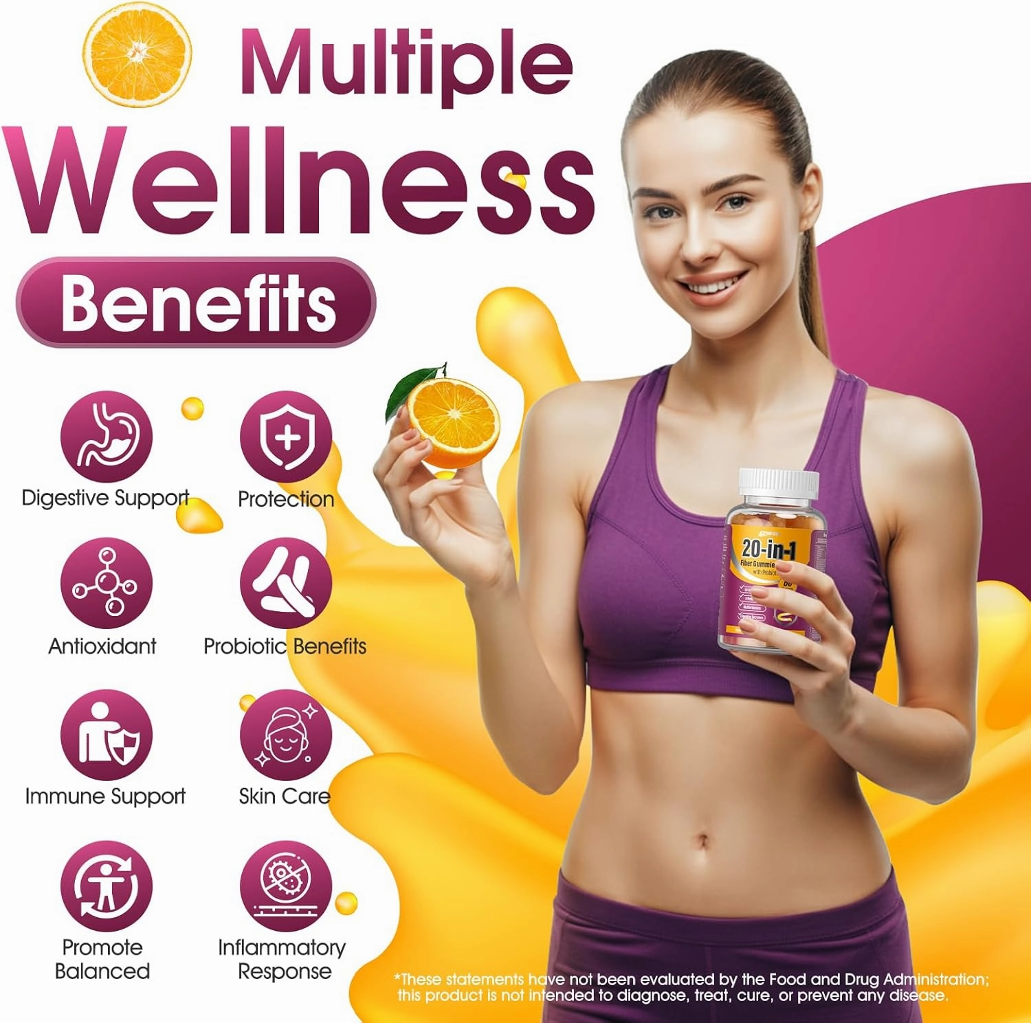 Fiber Supplement 20-in-1, Fiber Gummies for Adults, 50 Billion CFU Probiotic & Prebiotic Supplement with Inulin, Psyllium, Support for Gut & Digestive Health, 60-Count, Peach & Orange