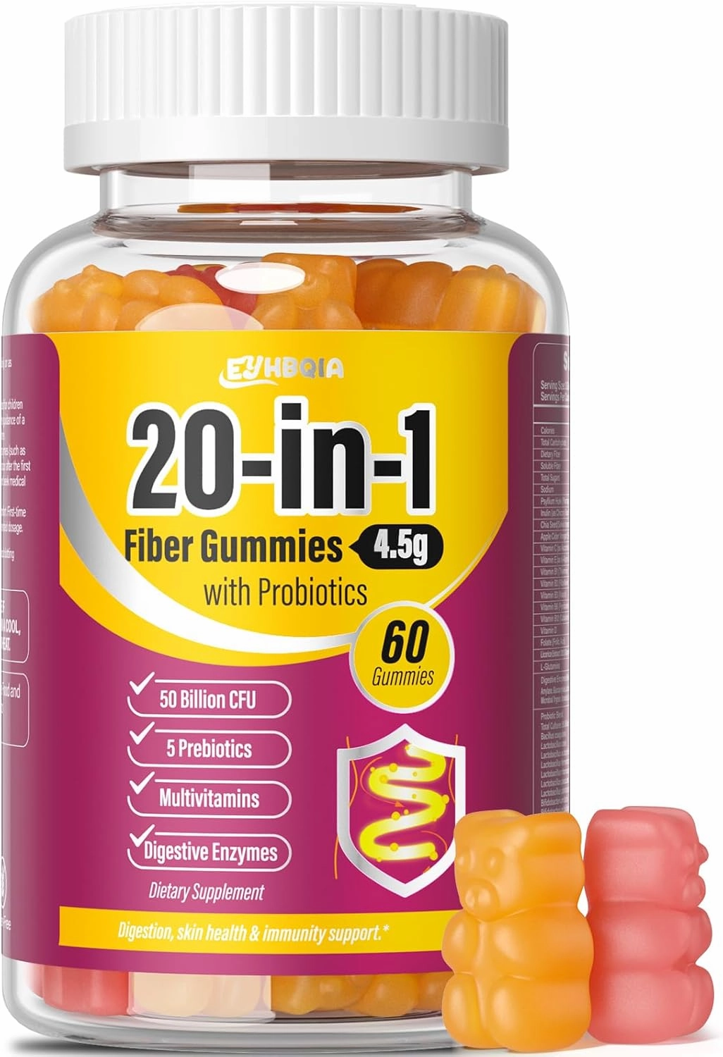 Fiber Supplement 20-in-1, Fiber Gummies for Adults, 50 Billion CFU Probiotic & Prebiotic Supplement with Inulin, Psyllium, Support for Gut & Digestive Health, 60-Count, Peach & Orange